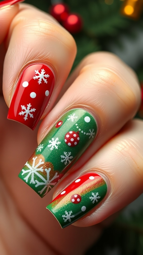 Simple Christmas Nail Art Design Christmas nail art with red and green polish, decorated with white snowflakes and dots.